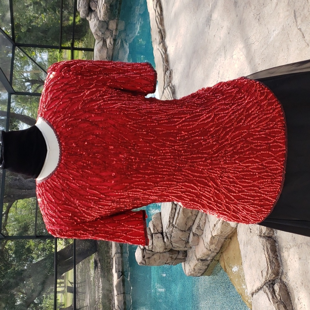 Vintage Laurence Kazar red beaded & sequined top